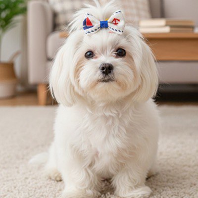 Bichon Maltais assis sur un tapis avec un collier noeud papillon pour chien blanc style marin.