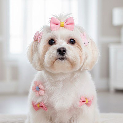 Bichon maltais blanc décoré d'un collier nœud papillon pour chien et d'accessoires roses.
