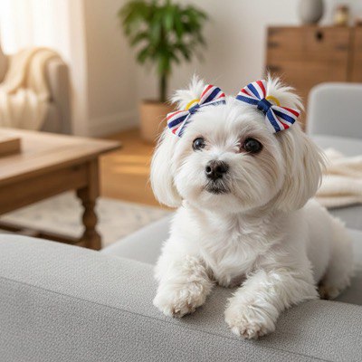 Bichon Maltais avec un collier noeud papillon pour chien aux rayures bleues, blanches et rouges.