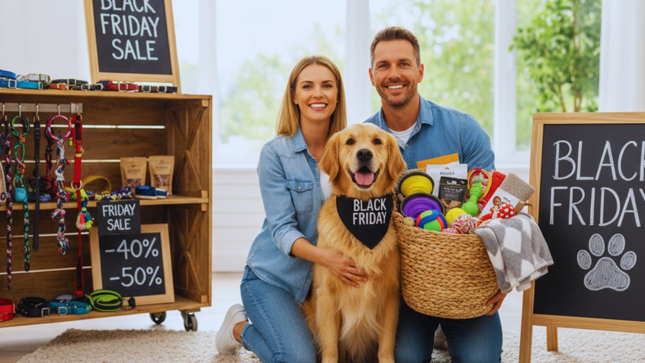 Montage d'accessoires pour chien : lit confortable, harnais orange, laisse et cage pour chien en bois. Scènes humanisées de vie de famille et de jeu naturel.