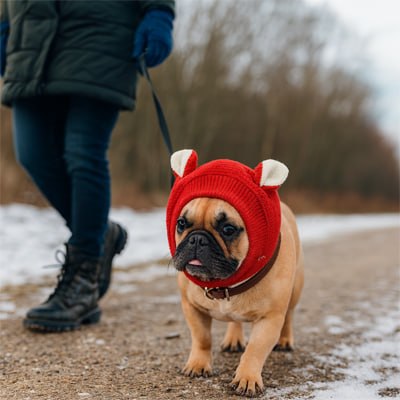 Bouledogue français en laisse avec un bonnet chien rouge à oreilles blanches en hiver.