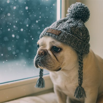 Bouledogue français portant un bonnet chien gris à tresses, regardant la neige par la fenêtre.