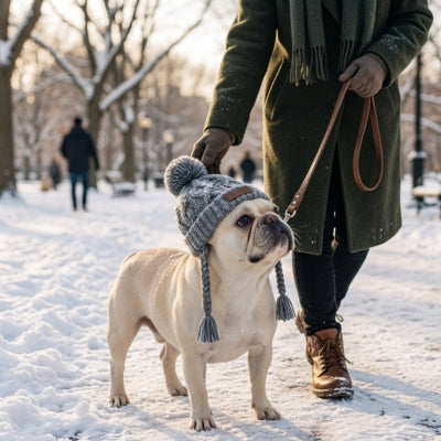 Bouledogue français en laisse portant un bonnet chien gris dans un parc enneigé en ville.