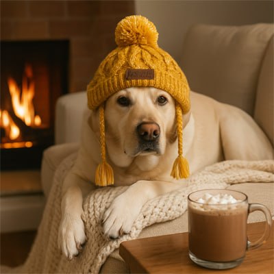 Labrador Retriever sur canapé avec bonnet chien jaune "Pets Tale" près d'un chocolat chaud.
