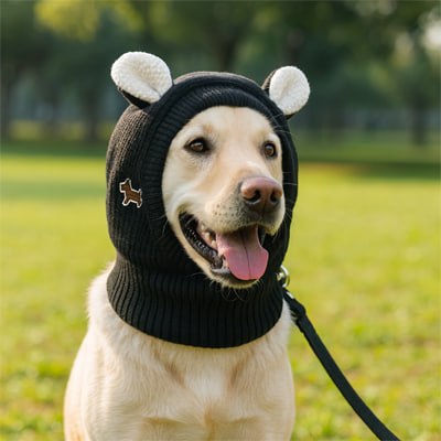 Labrador crème souriant dans un parc avec un bonnet chien noir à oreilles blanches.