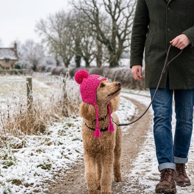 Caniche royal avec un bonnet chien rose marchant en laisse sur un chemin enneigé à la campagne.