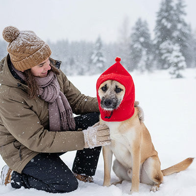 Chien beige portant un bonnet chien rouge tenu par une femme lors d'une balade sous la neige.