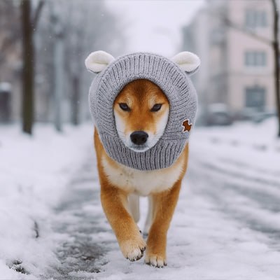 Shiba Inu marchant dans la neige avec un bonnet chien gris à oreilles blanches.