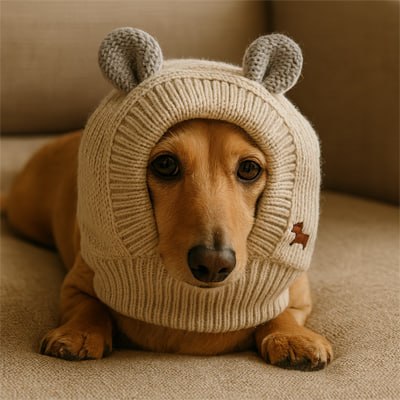 Chien Teckel couché sur un canapé portant un bonnet chien beige à oreilles grises.