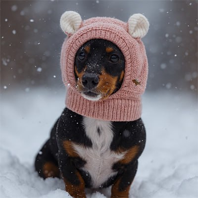 Petit Teckel noir et feu sous la neige portant un bonnet chien rose à oreilles blanches.