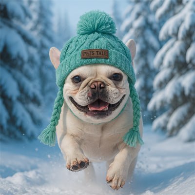 Bouledogue français courant dans la neige portant un bonnet chien turquoise "Pets Tale".