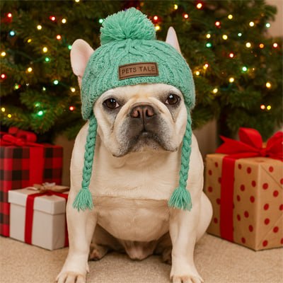 Bouledogue français assis devant un sapin de Noël décoré portant un bonnet chien turquoise "Pets Tale".