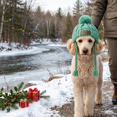 Caniche royal avec bonnet chien vert "Pets Tale" près d'une rivière et de cadeaux de Noël.