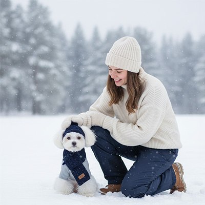 Femme caressant un petit chien blanc portant un bonnet pour chien bleu marine sous la neige.