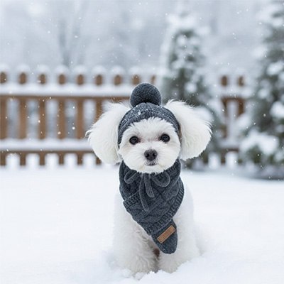 Petit Bichon blanc portant un bonnet pour chien gris à pompon et écharpe dans un jardin enneigé.