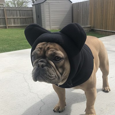 Bouledogue français fauve portant un bonnet pour chien noir dans un jardin.