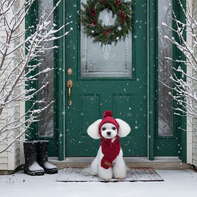 Caniche blanc avec bonnet pour chien rouge devant une porte verte ornée d'une couronne de Noël.