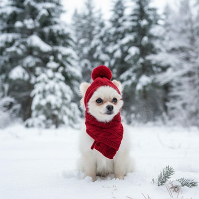 Chien de race Poméranien blanc avec un bonnet pour chien rouge assis dans une forêt enneigée.