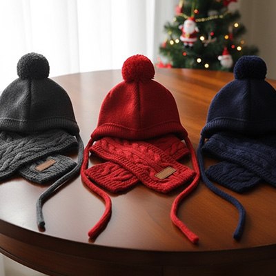 Trois modèles de bonnet pour chien (gris, rouge, bleu) avec écharpes posés sur une table en bois.
