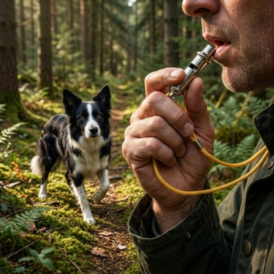 Border Collie s'approchant en forêt d'un homme utilisant un sifflet à ultrason pour chien.