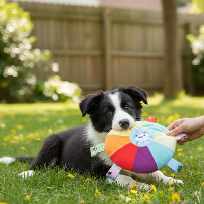 Border Collie couché dans l'herbe avec un jouet pour chien rond et coloré.