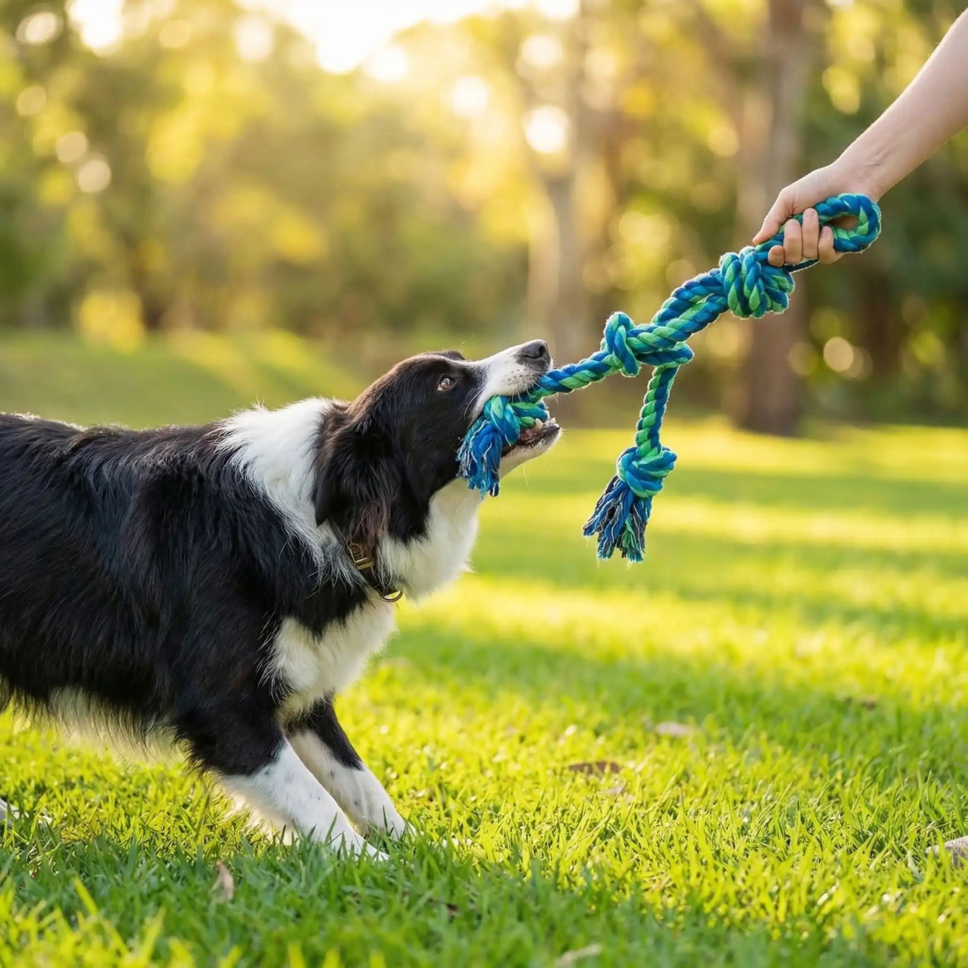 Border collie tirant sur un jouet indestructible chien tenu par une main humaine