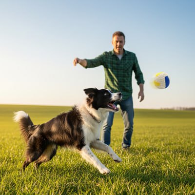 Chien Border Collie bondissant dans un champ pour attraper une balle chien lancée en l'air.