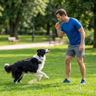 Un homme dans un parc lève des sifflets ultrasons pour chiens devant un Border Collie.