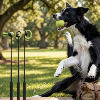 Border Collie avec balle en bouche à côté de trois modèles de lanceur de balle pour chien.