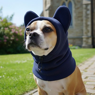 Chien de race Boston Terrier portant un bonnet pour chien bleu marine avec cordon de serrage.