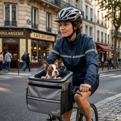 Un Boston Terrier dans un velo panier chien gris, circulant dans une rue de Paris.