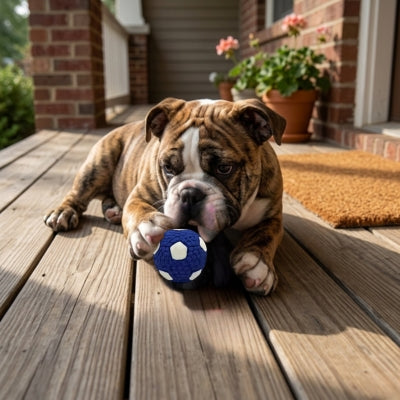 Chien Bouledogue Anglais allongé sur une terrasse en bois avec sa balle chien.