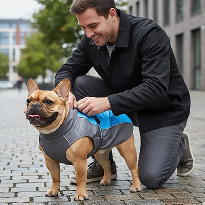 Un bouledogue français ajuste son manteau imperméable pour chien bleu et gris en ville.