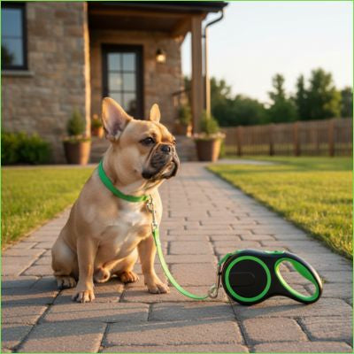 Bouledogue français assis sur une allée pavée avec une laisse pour chien rétractable verte.