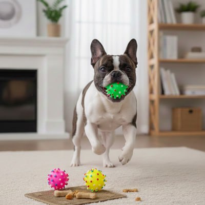 Bouledogue Français courant avec sa balle pour chien verte devant une cheminée.