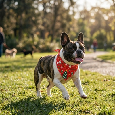 Bouledogue français bringé portant un bandana pour chien rouge "Merry Christmas" dans un parc.