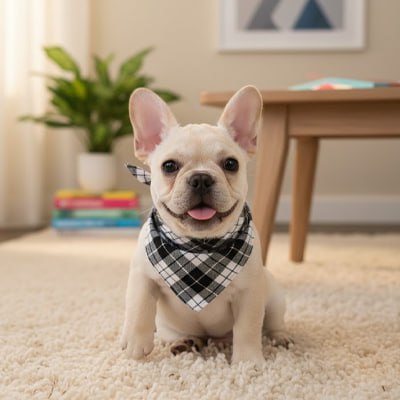 Chiot Bouledogue Français blanc avec un bandana pour chien à carreaux noir et blanc sur un tapis.
