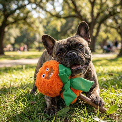 Bouledogue français bringé tenant un jouet chien monstre orange et vert dans sa gueule.