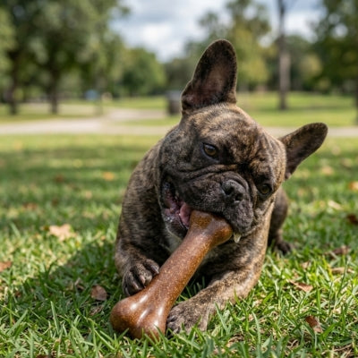Bouledogue français bringé mâchant un jouet indestructible chien sur l'herbe.