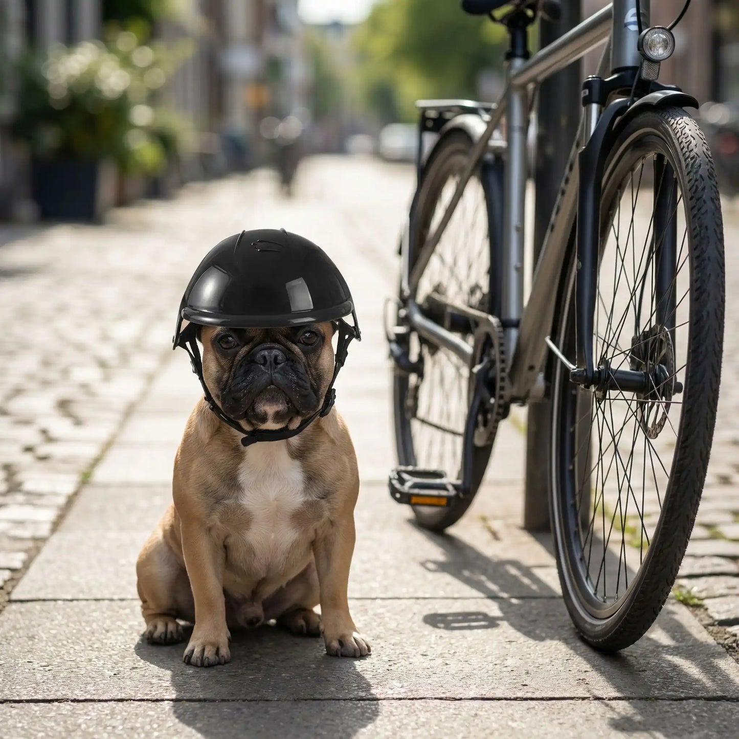 Chien Bouledogue français assis avec un casque moto chien noir sur un trottoir.