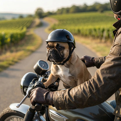 Chien Bouledogue français avec casque moto chien noir sur une moto dans les vignes.