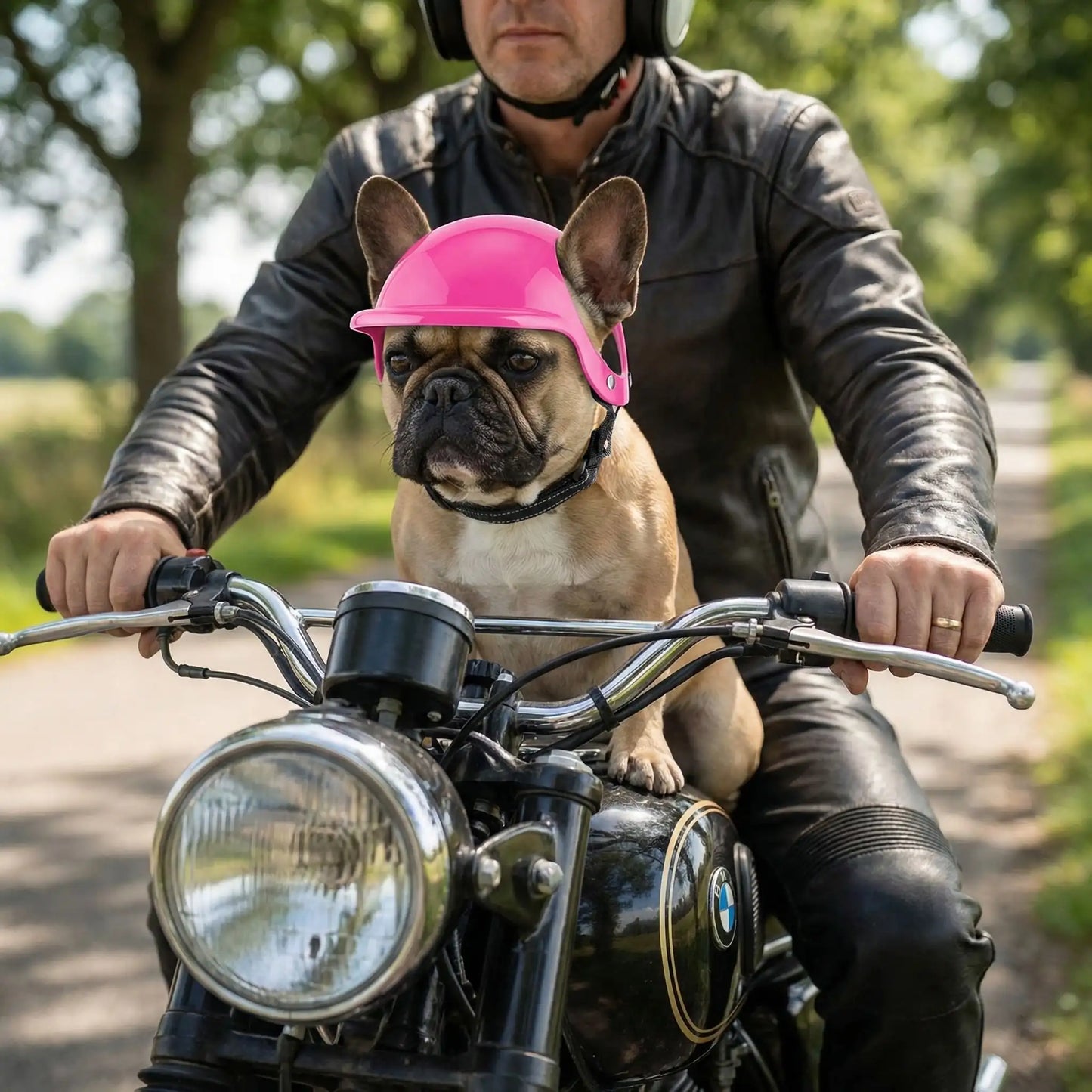 Bouledogue français portant un casque moto pour chien rose, sur une moto sur une route de campagne.
