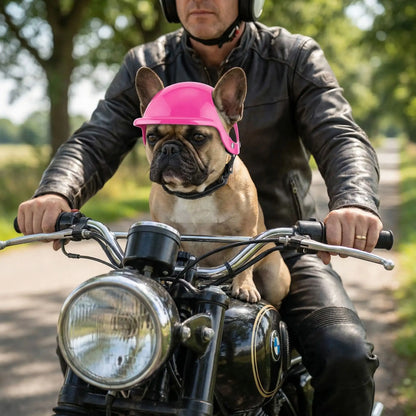 Bouledogue français portant un casque moto pour chien rose, sur une moto sur une route de campagne.