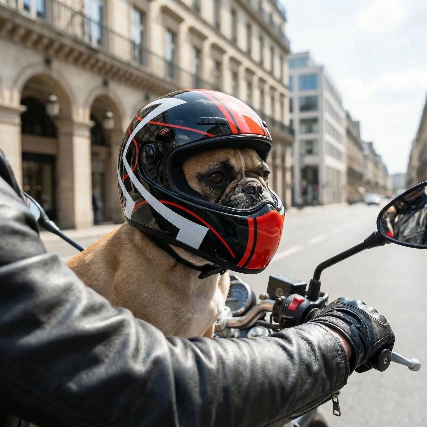 Chien Bouledogue français avec casque moto pour chien noir et rouge dans une rue de ville.