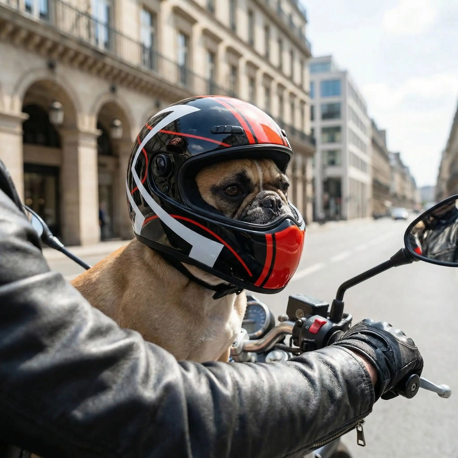 Chien Bouledogue français avec casque moto pour chien noir et rouge dans une rue de ville.