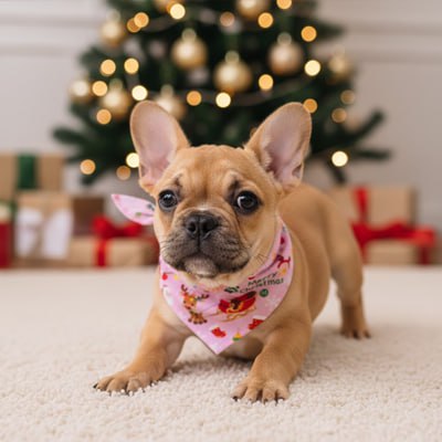 Chiot Bouledogue français avec bandana pour chien rose "Merry Christmas" devant des cadeaux.