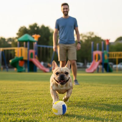 Bouledogue français courant vers sa balle chien sur la pelouse d'un terrain de jeux.