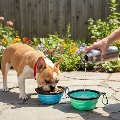 Main versant de l'eau pour un Bouledogue français dans une gamelle chien verte.