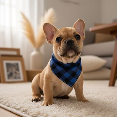 Bouledogue Français fauve portant un bandana pour chien à carreaux bleu, assis sur un tapis clair.