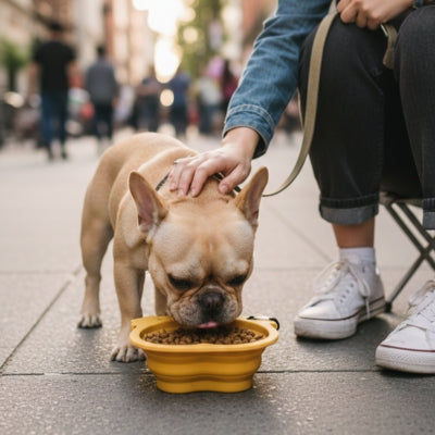 Bouledogue français fauve mangeant dans une gamelle pour chien jaune sur un trottoir.